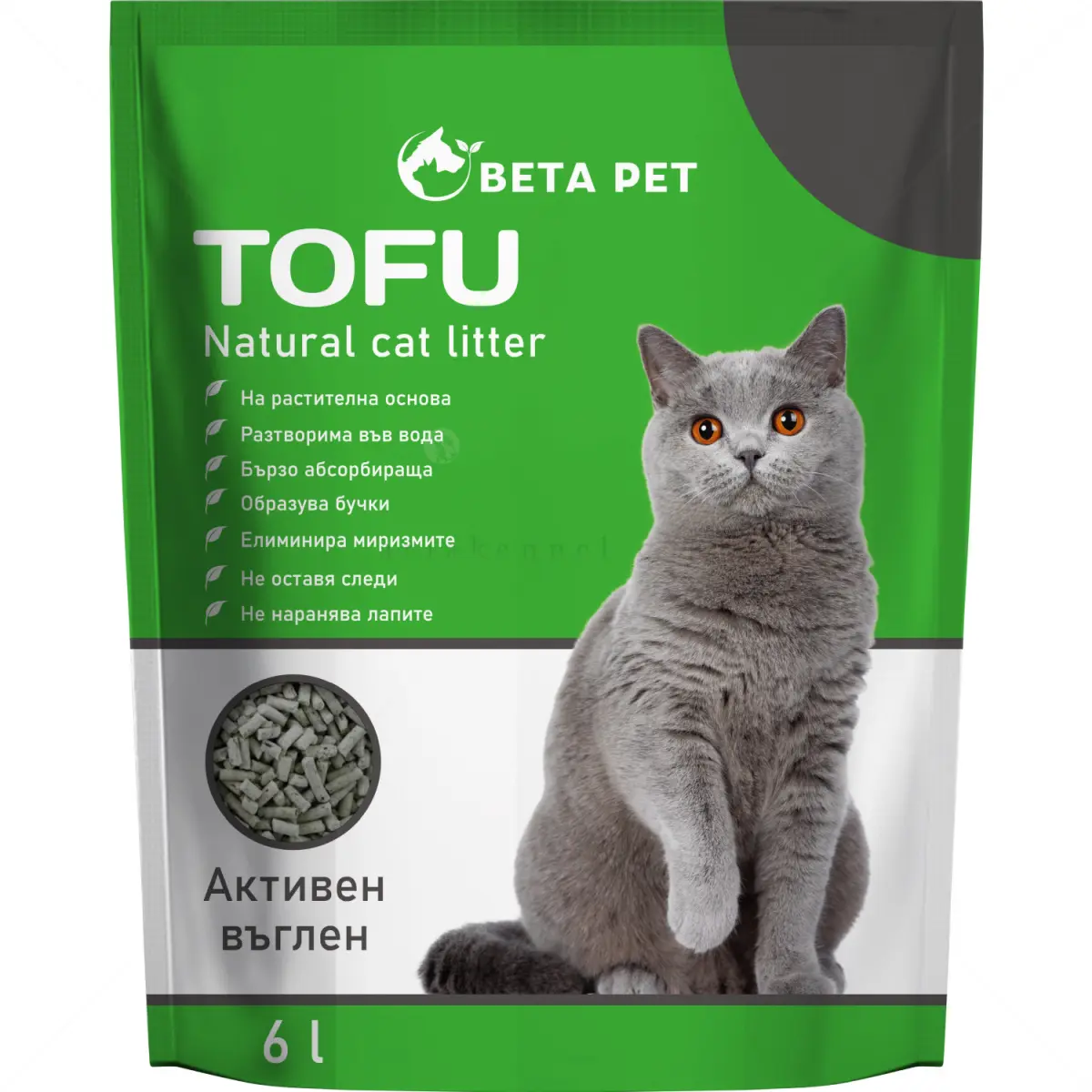 Beta Pet Tofu Active Carbon – биоразградима соева котешка тоалетна 6 л/ 2.5 кг